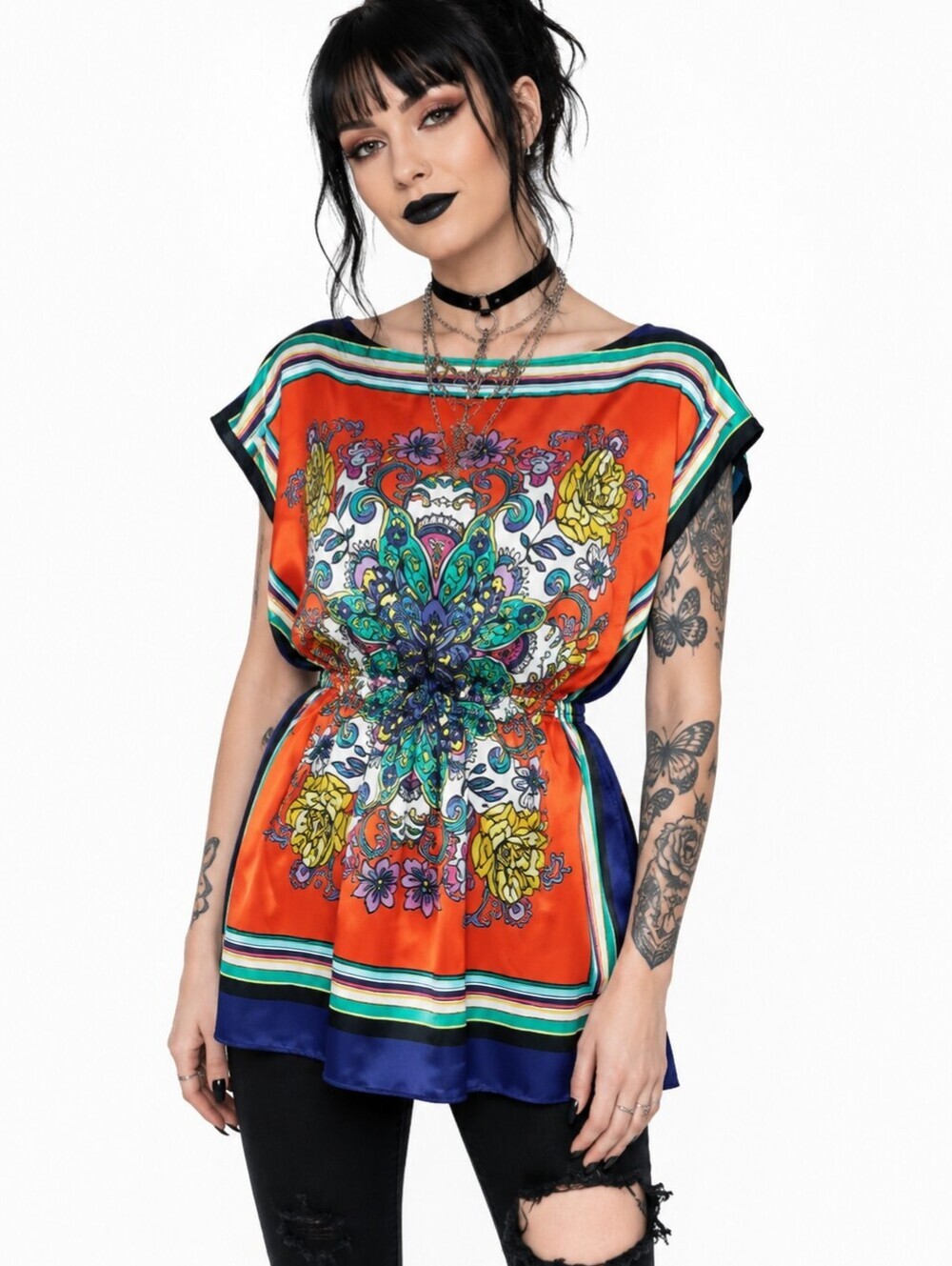 Just Ginger Women's Dashiki Multicolor Gathered Waist Blouse Top Size Small